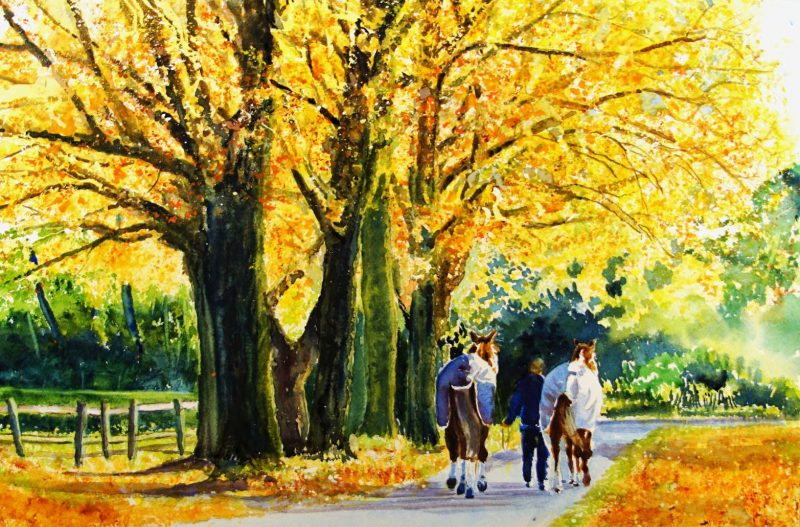 Watercolour autumn landscape with horses
