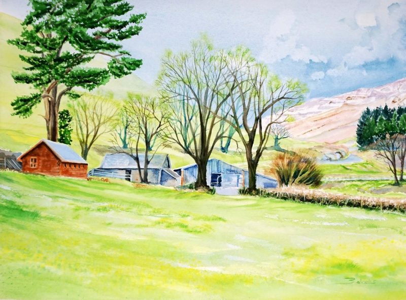 Watercolour winter landscape painting by Maria Balcells
