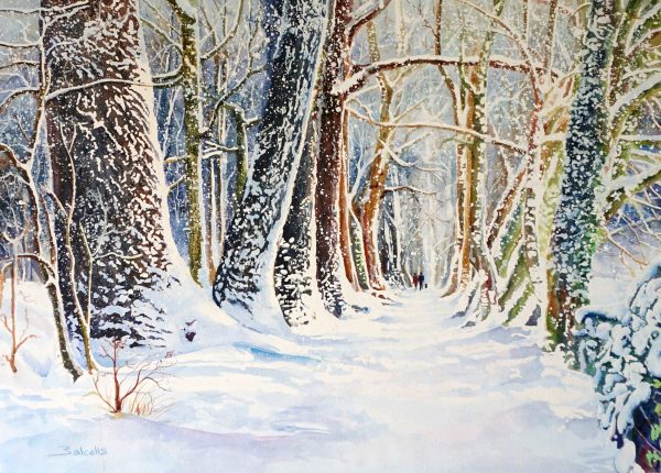 Watercolour winter landscape painting of Tierpark Wolbeck by Maria Balcells